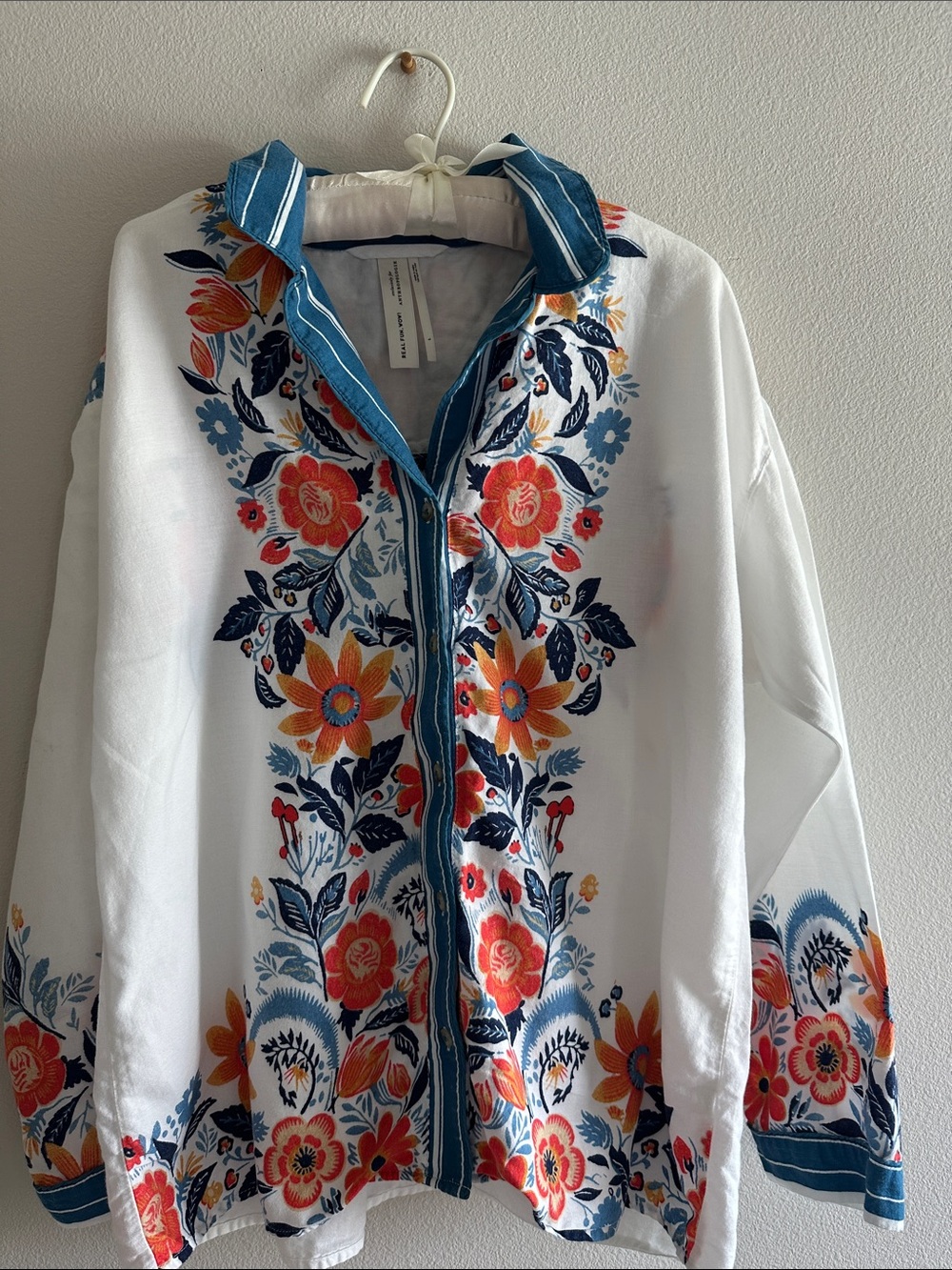 Anthropologie White With Teal Blue And Orange Floral Design Shirt - Picture 5 of 15